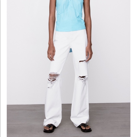 ZARA | (NWT) WHITE DISTRESSED WIDE LEG Z1975 FULL LENGTH RIPPED JEANS STRAIGHT - Picture 3 of 16